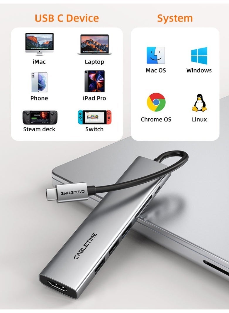 CABLETIME ULTRA SLIM ALUMINUM MULTIPORT 7 IN 1 USB-C HUB COMPATABLE WITH MACBOOK PRO - Image 2